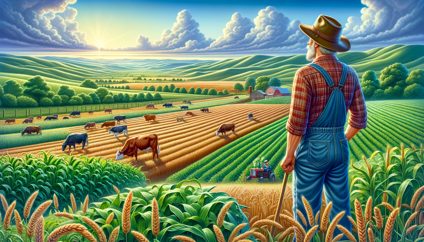 How Farmers and Cowboys View Beauty - A vivid and detailed wide illustration of a farmer admiring the beauty of the land, crops, and cattle on a serene farm. The farmer, wearing a wide-bri (1)