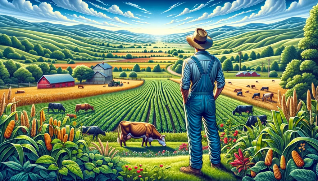 How Farmers and Cowboys View Beauty - A vivid and detailed wide illustration of a farmer admiring the beauty of the land, crops, and cattle on a serene farm. The farmer, wearing a wide-bri (1)